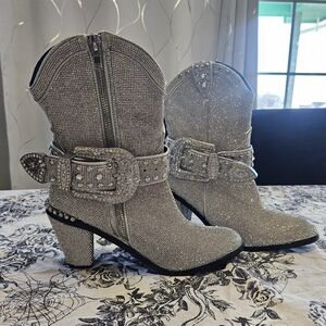 Dolls Kill Sheriff Shine Rhinestone Cowboy Boots - Silver SOLD OUT ROUND TOE!